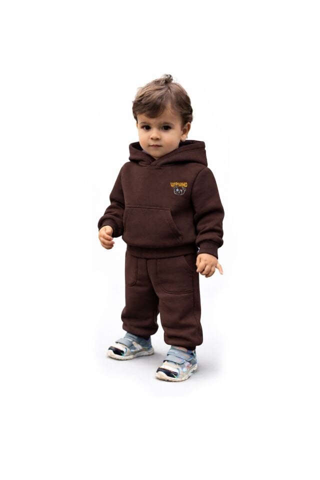 WARNING Nakış Desenli Çocuk Koyu Kahve Hoodie 9-10 YAŞ
