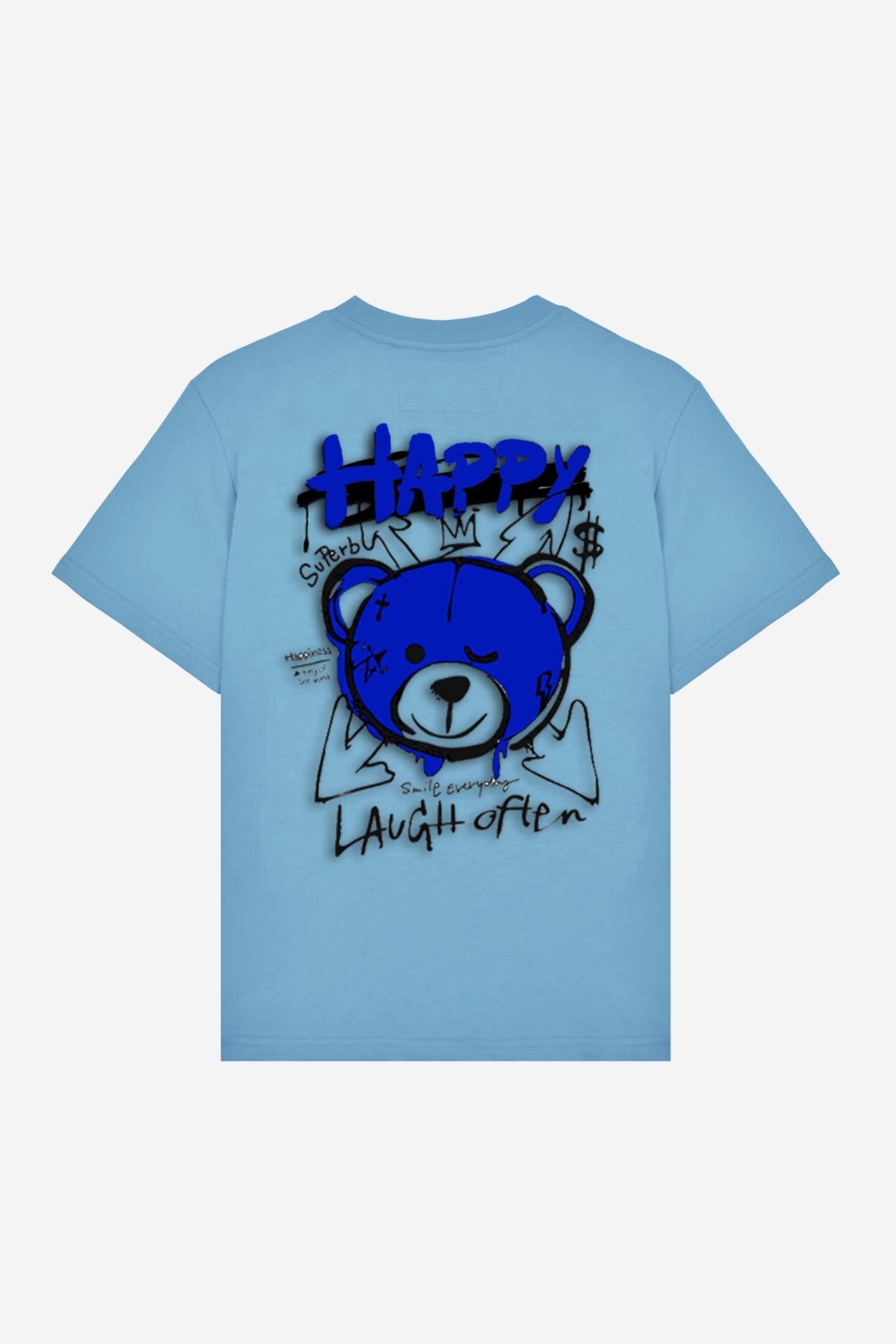 HAPPY Baskılı Oversize Unisex Bebek Mavisi T-shirt XL