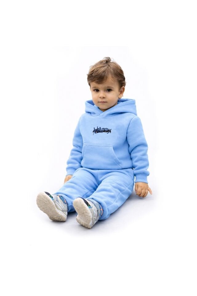HAPPY Nakış Desenli Çocuk Bebek Mavisi Hoodie 11-12 YAŞ
