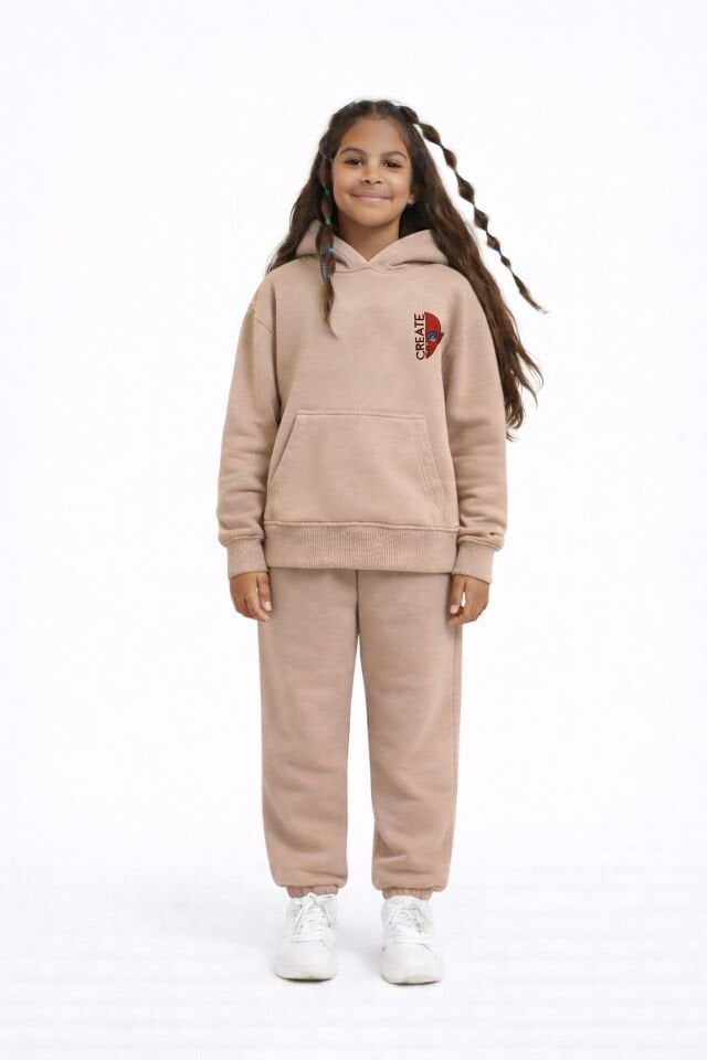 CREATE Nakış Desenli Çocuk Açık Kahve Hoodie 11-12 YAŞ