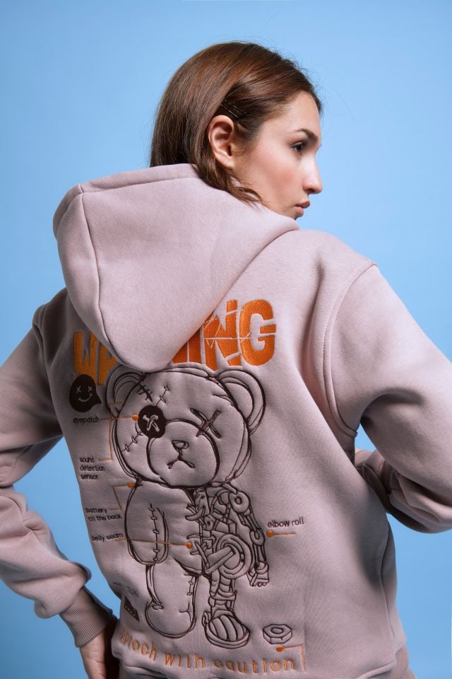 WARNING Nakışlı Oversize Unisex Kahverengi Hoodie XL