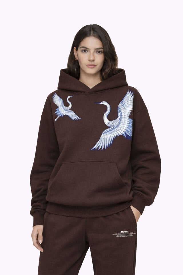 BIRDS Nakışlı Unisex Oversize Koyu Kahve Hoodie XL