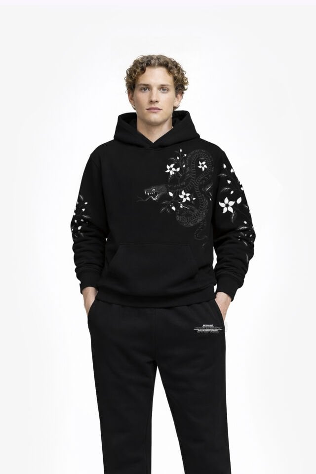 SNAKE Nakışlı Unisex Oversize Siyah Hoodie XL