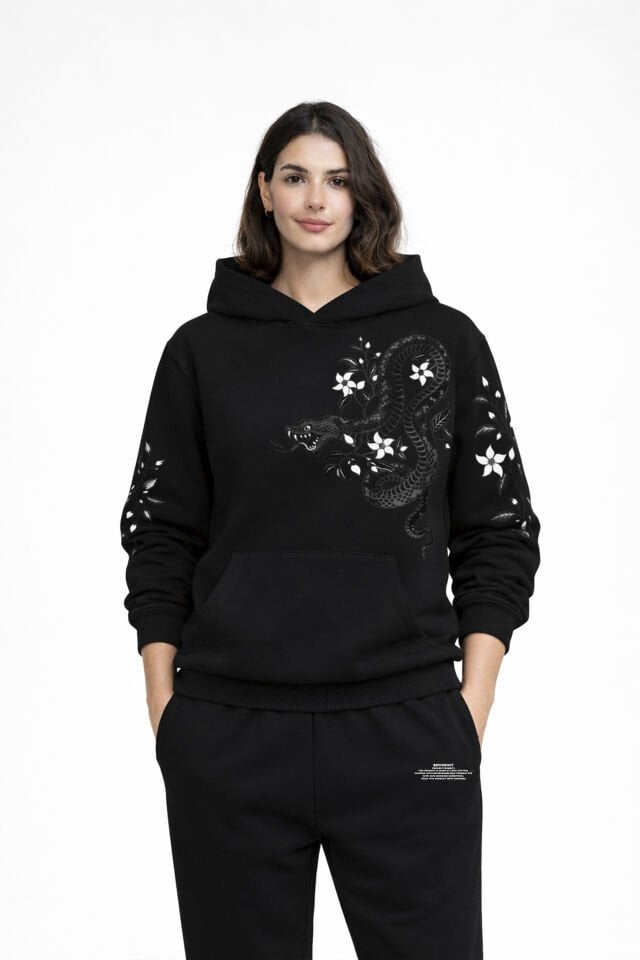 SNAKE Nakışlı Unisex Oversize Siyah Hoodie XL