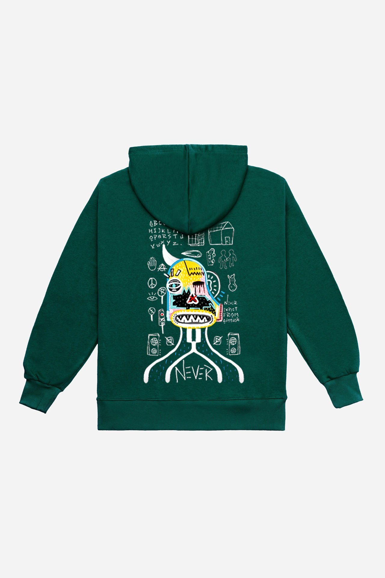 NEVER Nakışlı Unisex Oversize Koyu Yeşil Hoodie S