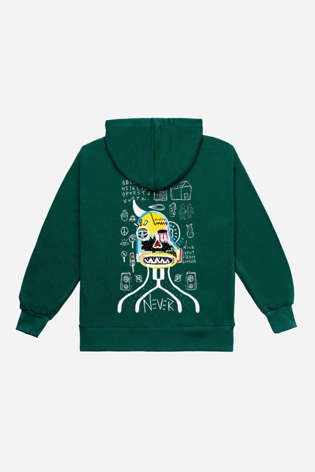 NEVER Nakışlı Unisex Oversize Koyu Yeşil Hoodie S