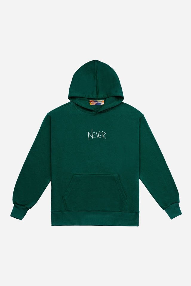 NEVER Nakışlı Unisex Oversize Koyu Yeşil Hoodie S