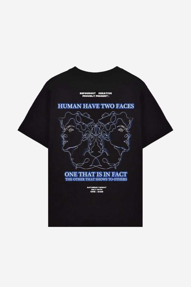 HUMAN Baskılı Oversize Unisex Siyah Tshirt L