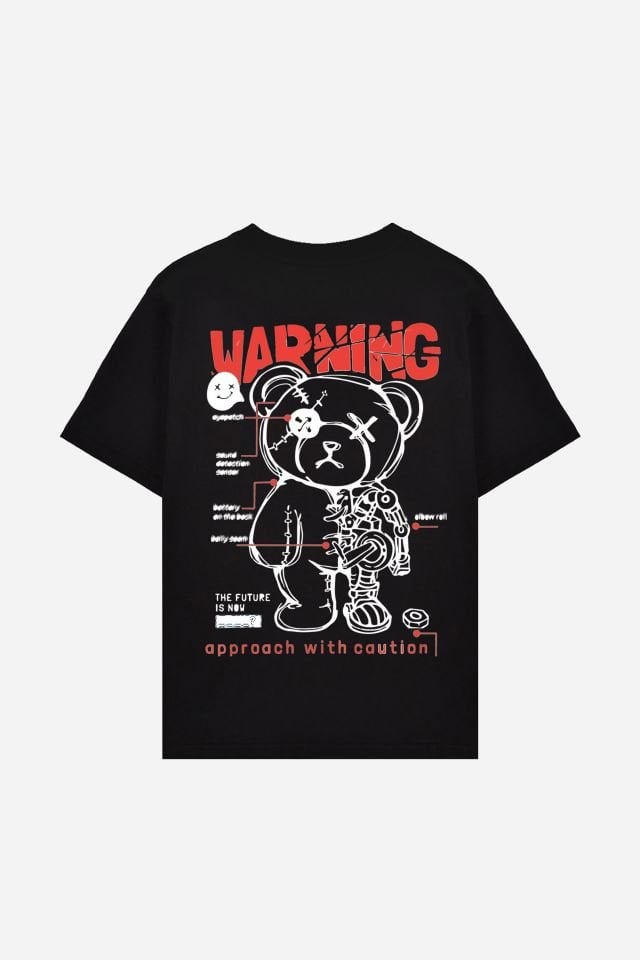 WARNING Baskılı Oversize Unisex Siyah Tshirt S