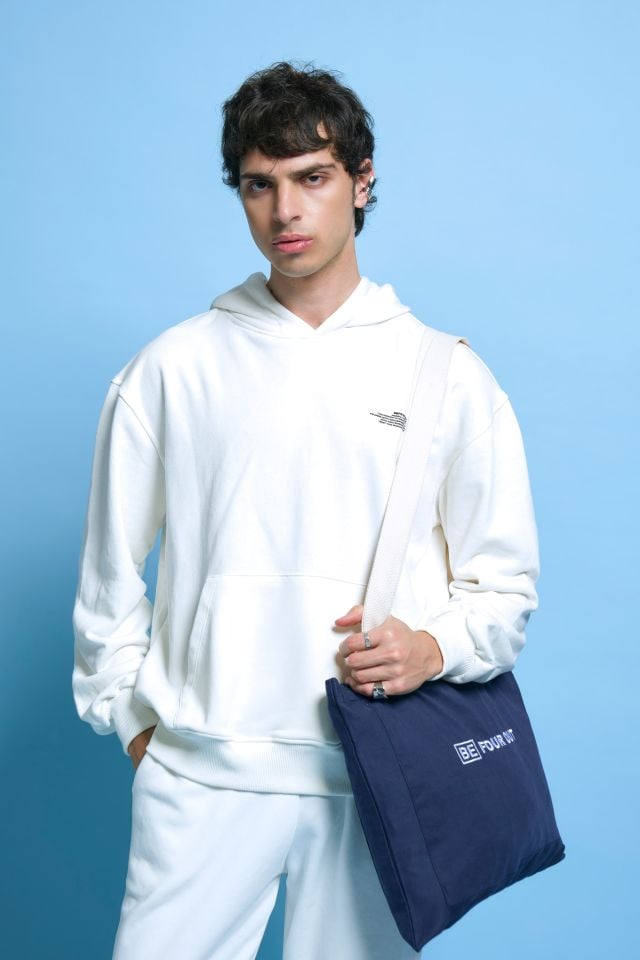 BeFourOut Print Logolu Oversize Unisex Ekru Hoodie XL