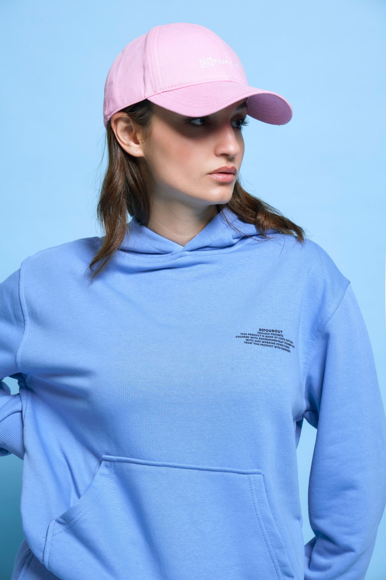 BeFourOut Print Logolu Oversize Unisex Bebek Mavisi Hoodie XL