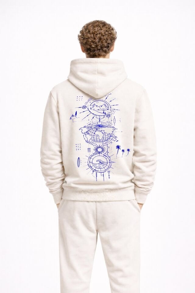 WORLD Nakışlı Unisex Oversize Ekru Hoodie XS