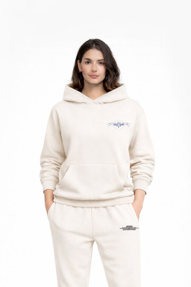 WORLD Nakışlı Unisex Oversize Ekru Hoodie XL