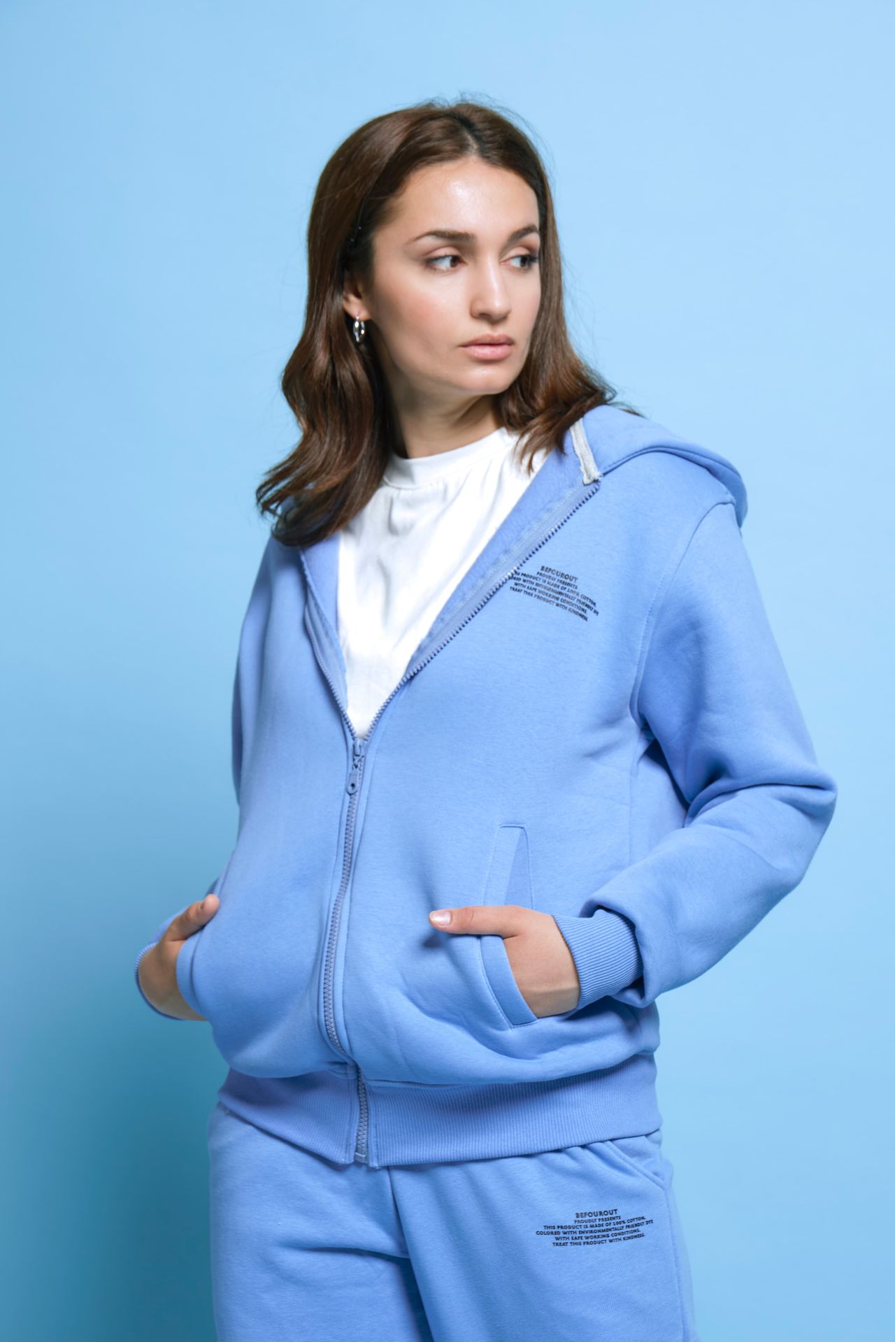 BeFourOut Print Logolu Unisex Oversize Fermuarlı Bebek Mavisi Hoodie XL