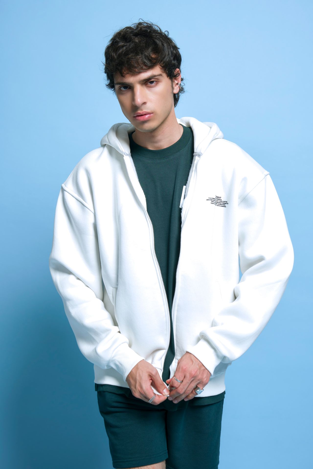 BeFourOut Print Logolu Unisex Oversize Fermuarlı Ekru Hoodie XL