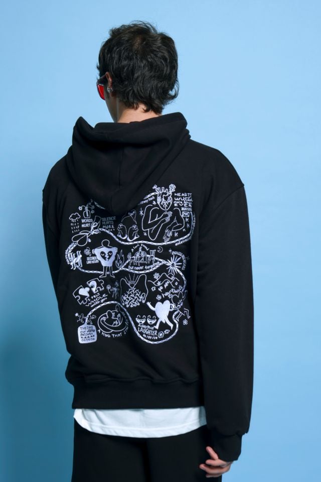 LOVE STORY  Nakışlı Unisex Oversize Siyah Hoodie XL