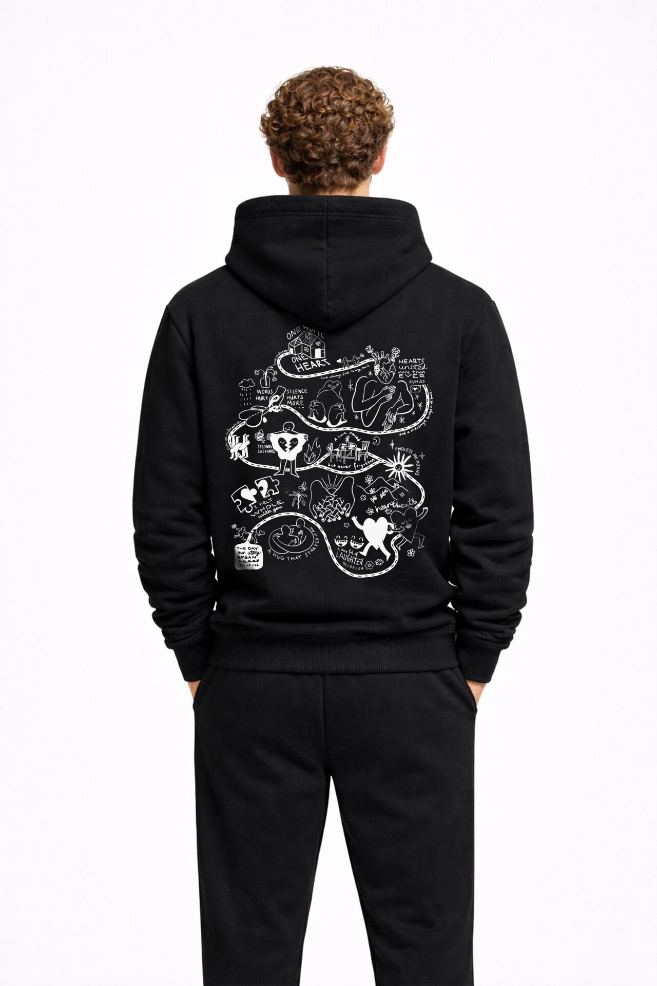 LOVE STORY  Nakışlı Unisex Oversize Siyah Hoodie XL