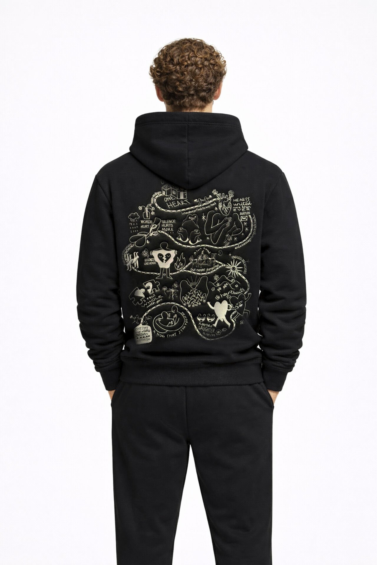 LOVE STORY  Nakışlı Unisex Oversize Siyah Hoodie XL