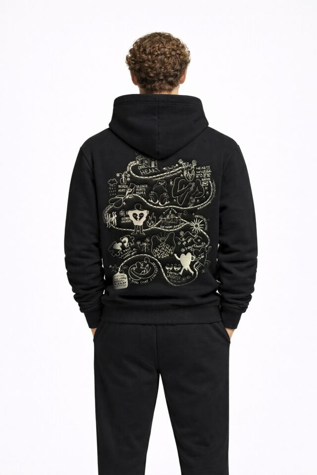 LOVE STORY  Nakışlı Unisex Oversize Siyah Hoodie XL