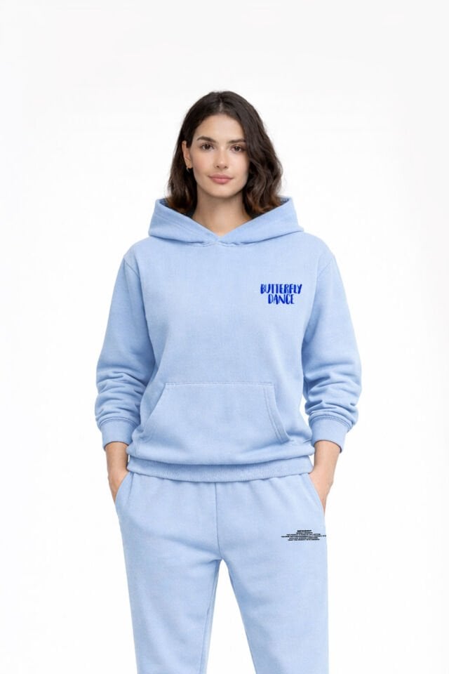 BUTTERFLY DANCE  Nakışlı Unisex Oversize Bebek Mavisi Hoodie XL