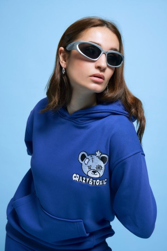 CRAZY TOXIC  Nakışlı Unisex Oversize Saks Hoodie XL
