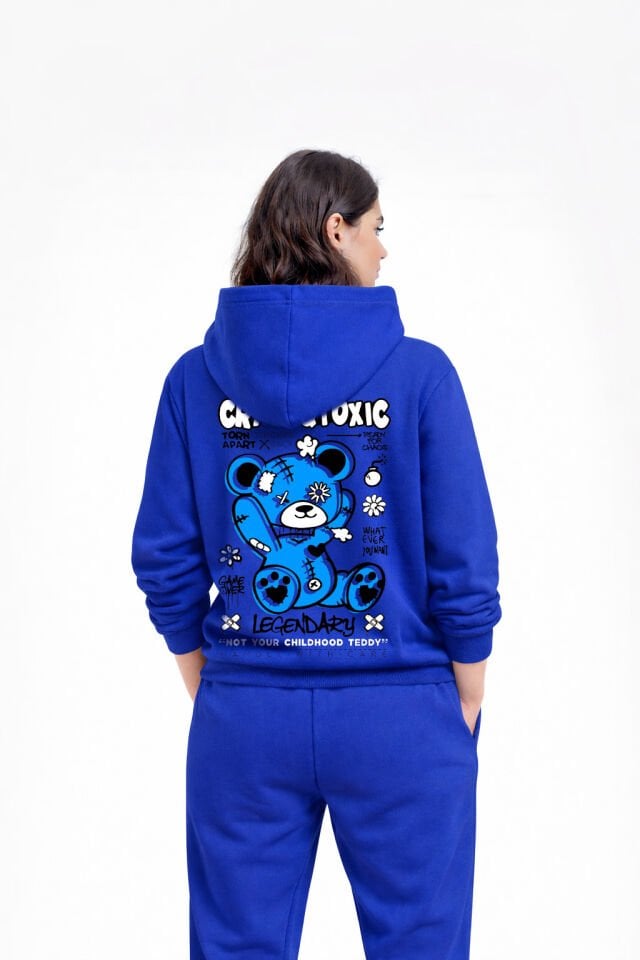 CRAZY TOXIC  Nakışlı Unisex Oversize Saks Hoodie XL