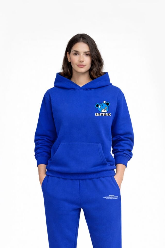 CRAZY TOXIC  Nakışlı Unisex Oversize Saks Hoodie L