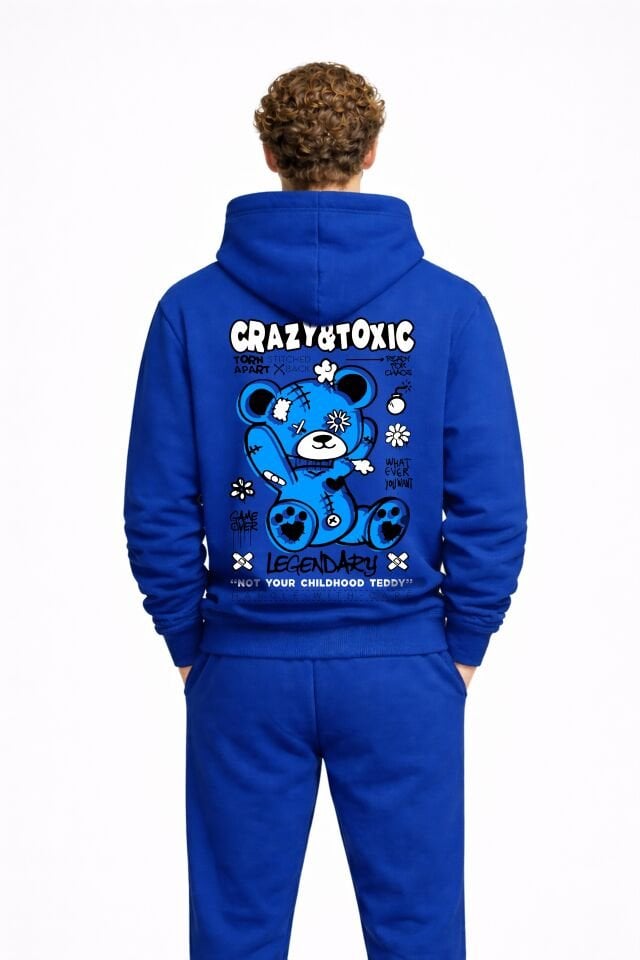 CRAZY TOXIC  Nakışlı Unisex Oversize Saks Hoodie XL
