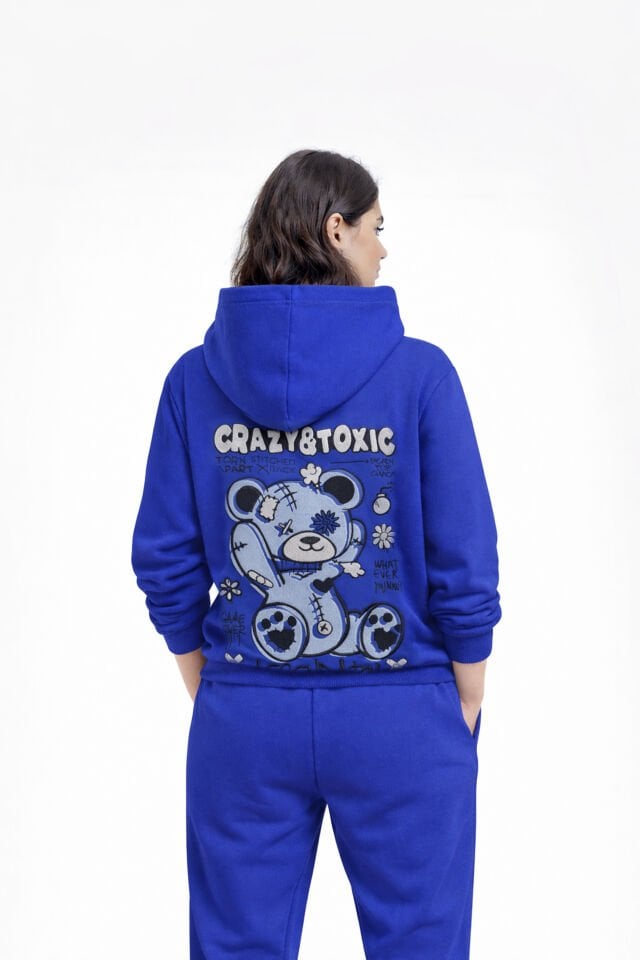 CRAZY TOXIC  Nakışlı Unisex Oversize Saks Hoodie L