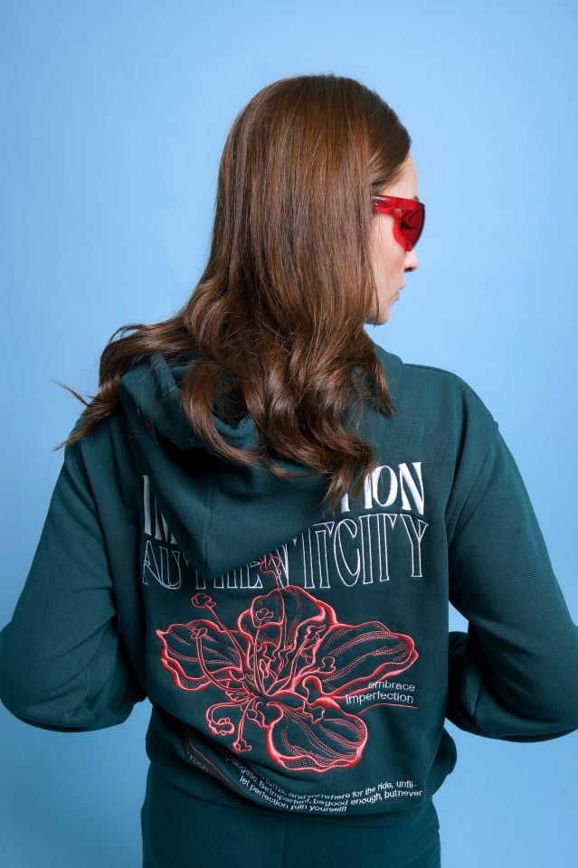 IMPERFECTION Nakışlı Unisex Oversize Nefti Hoodie XL