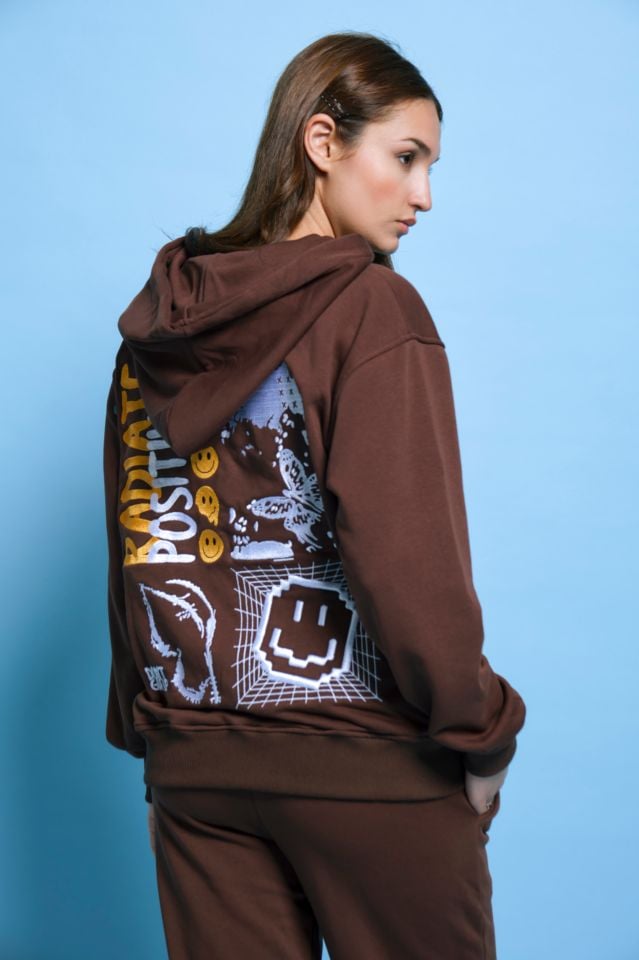 RADIATE Nakışlı Unisex Oversize Koyu Kahve Hoodie XL