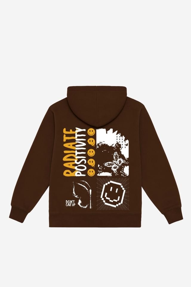 RADIATE Nakışlı Unisex Oversize Koyu Kahve Hoodie XL