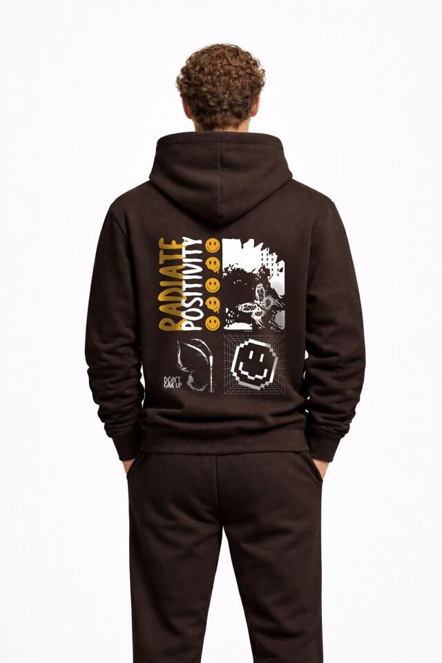 RADIATE Nakışlı Unisex Oversize Koyu Kahve Hoodie XL