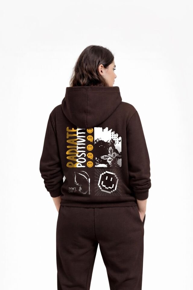RADIATE Nakışlı Unisex Oversize Koyu Kahve Hoodie XL