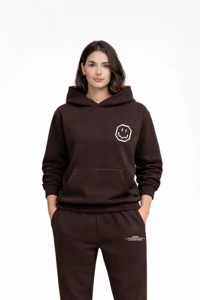 RADIATE Nakışlı Unisex Oversize Koyu Kahve Hoodie XL