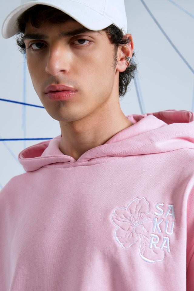 SAKURA Nakışlı Unisex Oversize Pembe Hoodie XL