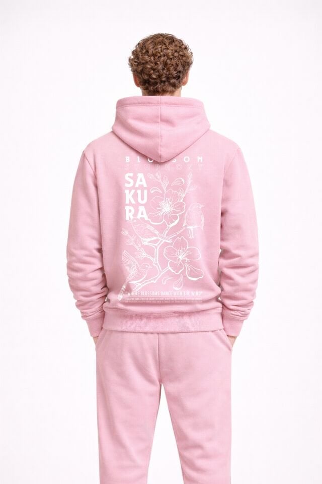 SAKURA Nakışlı Unisex Oversize Pembe Hoodie XL