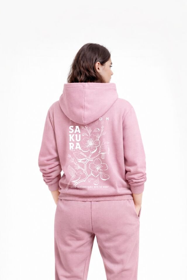 SAKURA Nakışlı Unisex Oversize Pembe Hoodie XL