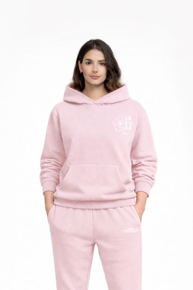 SAKURA Nakışlı Unisex Oversize Pembe Hoodie XL