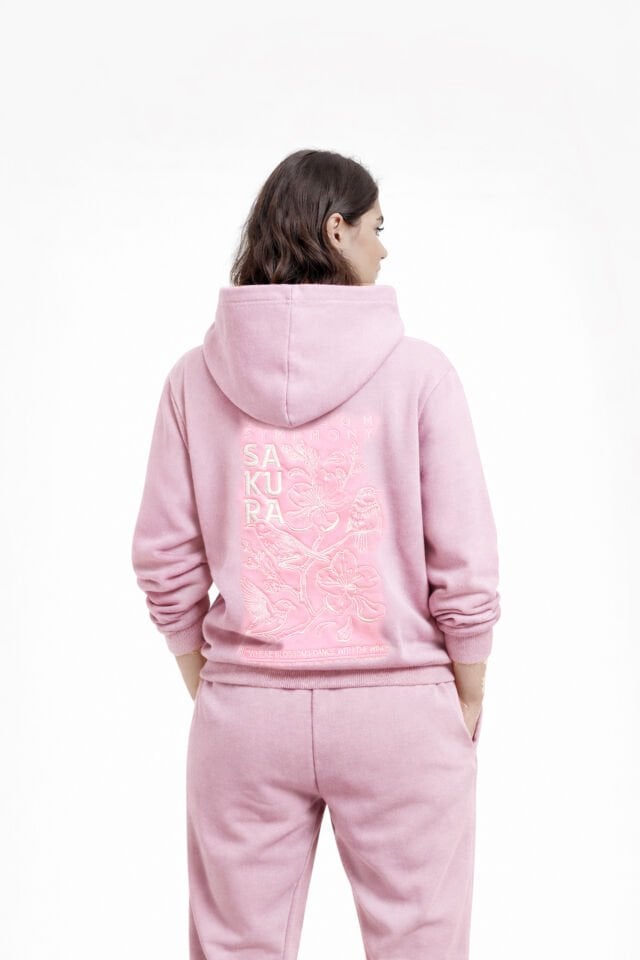 SAKURA Nakışlı Unisex Oversize Pembe Hoodie XL