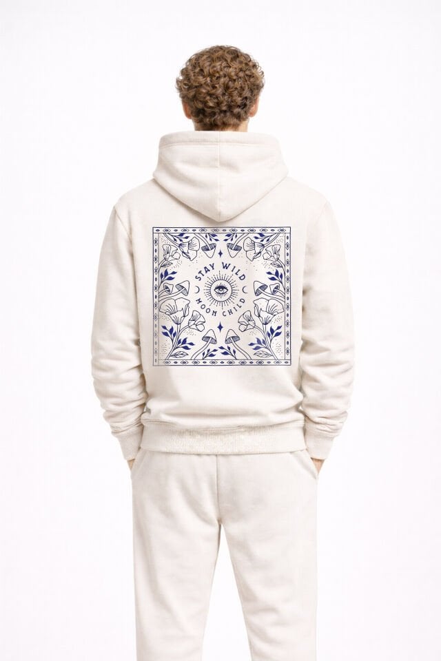 STAY WILD Nakışlı Unisex Oversize Ekru Hoodie XL