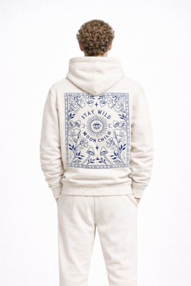 STAY WILD Nakışlı Unisex Oversize Ekru Hoodie XL