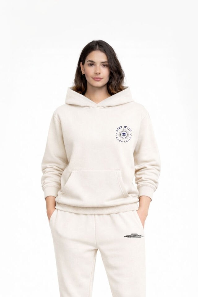 STAY WILD Nakışlı Unisex Oversize Ekru Hoodie XL