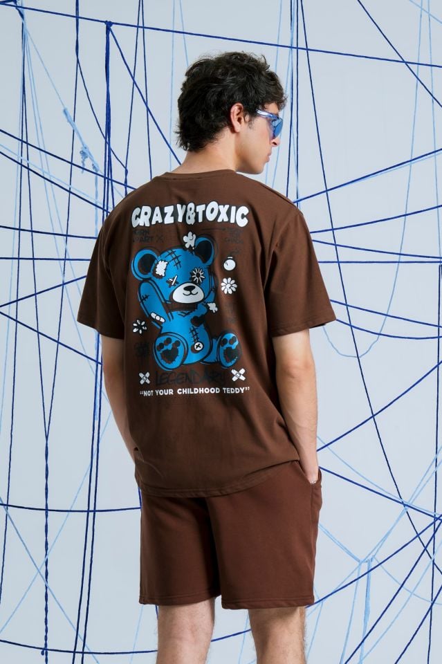 CRAZY TOXIC Baskılı Oversize Unisex Koyu Kahve Tshirt XL