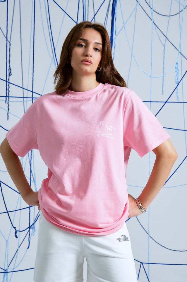 PUZZLE Baskılı Oversize Unisex Pembe Tshirt XL