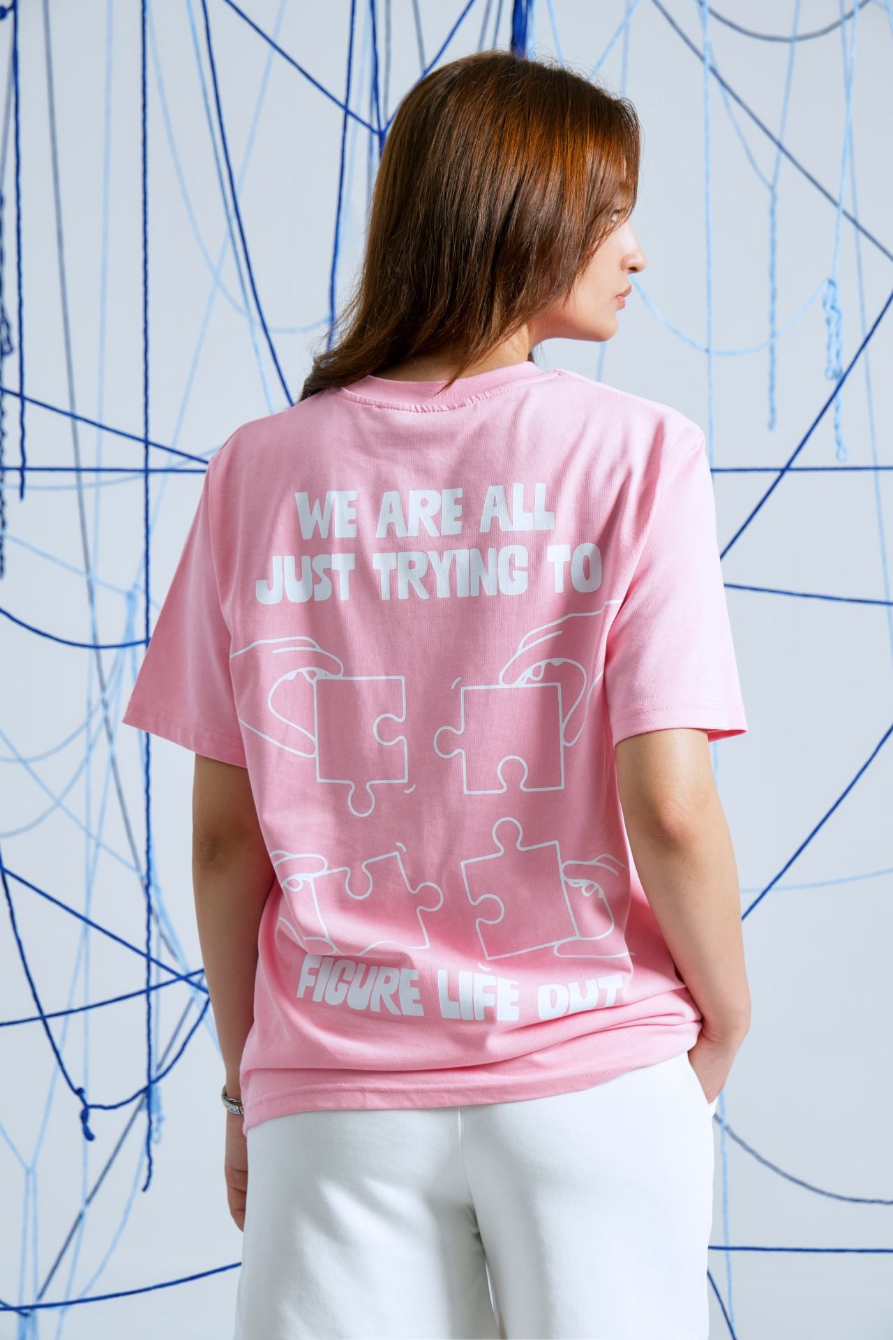 PUZZLE Baskılı Oversize Unisex Pembe Tshirt