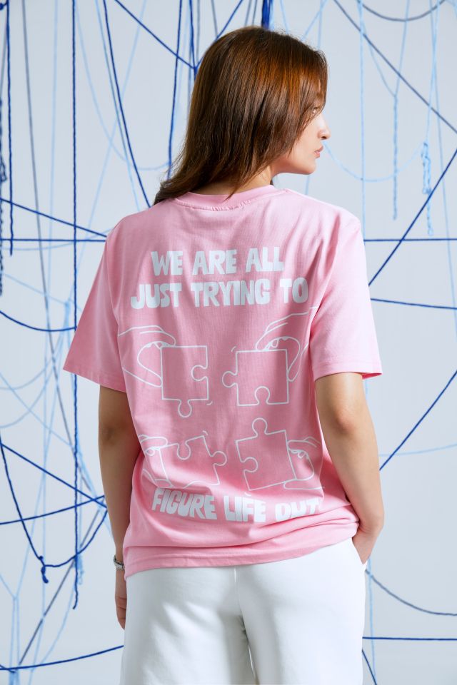 PUZZLE Baskılı Oversize Unisex Pembe Tshirt XL