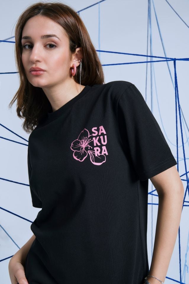 SAKURA Baskılı Oversize Unisex Siyah Tshirt XL