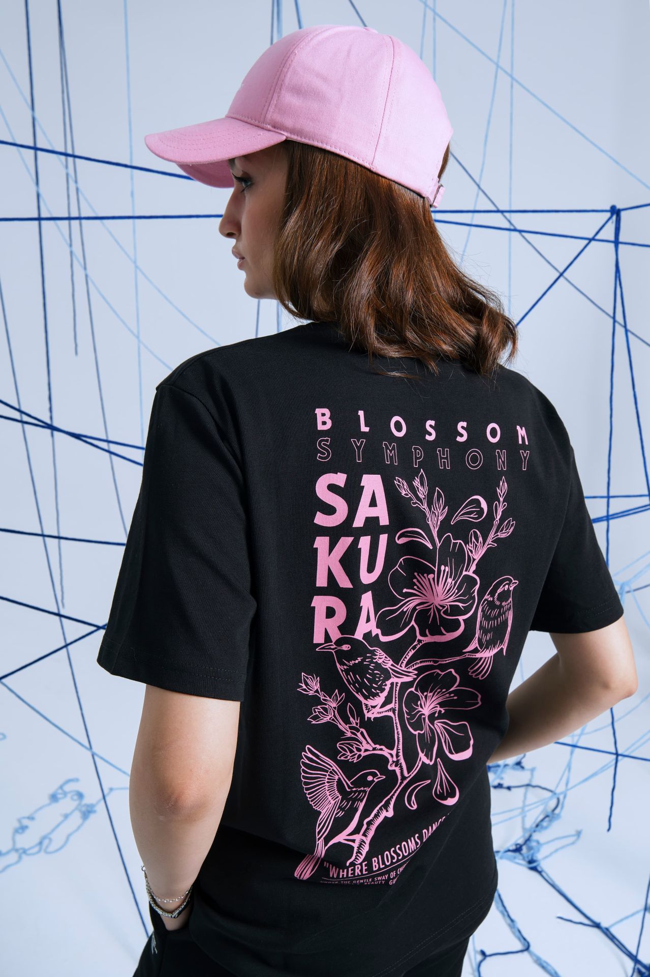 SAKURA Baskılı Oversize Unisex Siyah Tshirt