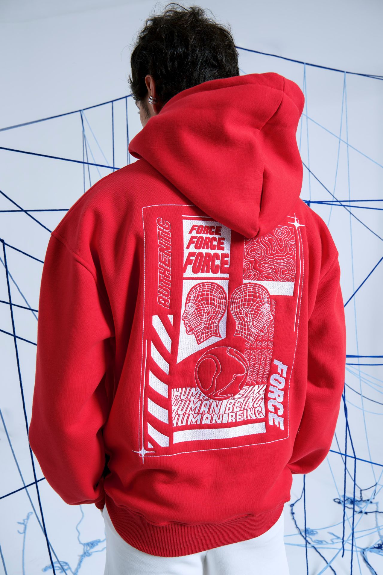 FORCE Nakışlı Unisex Oversize Kırmızı Hoodie XL